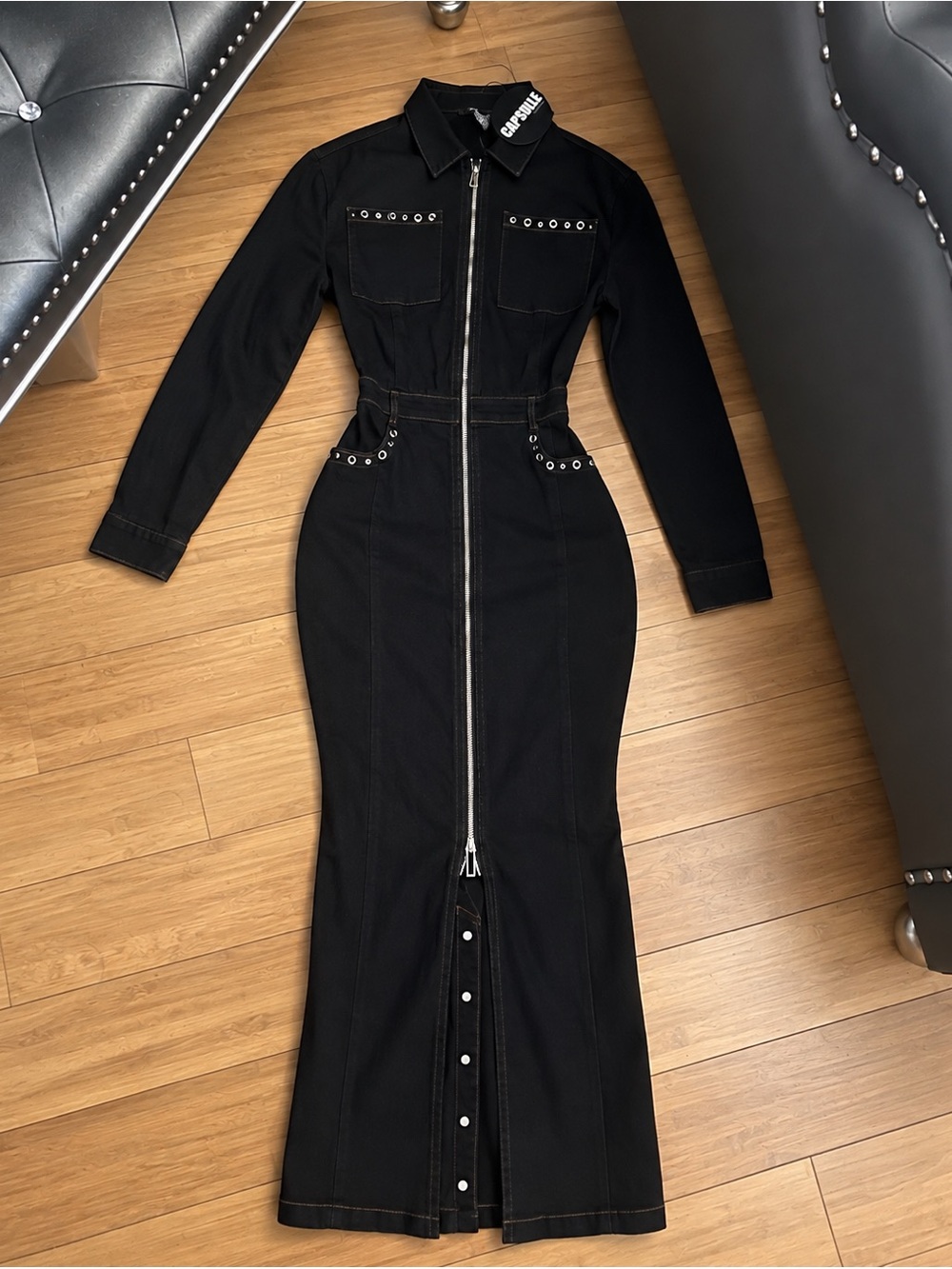 Casual Black Long Sleeve Zip-Front Maxi Dress by